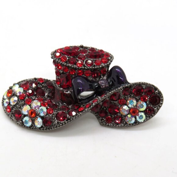 Red Rhinestone Hat Brooch Purple Enamel Bow Clear Flowers 2" Pin Gunmetal Gray - Picture 7 of 7